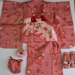 Red floral shichi-go-san kimono set from Japan for 3-year-old girls